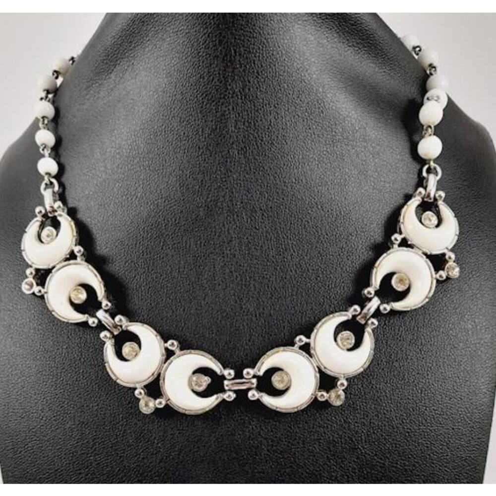 Vintage Kramer SilverTone White Crescent Moon Panel Necklace & Earring Demi Set